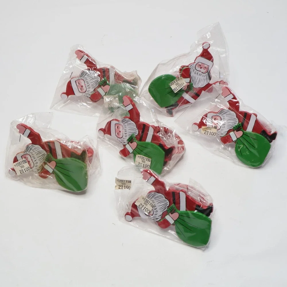 VTG Santa Claus Wooden Napkin Rings Set of 6 Red Green Christmas Holiday Decor